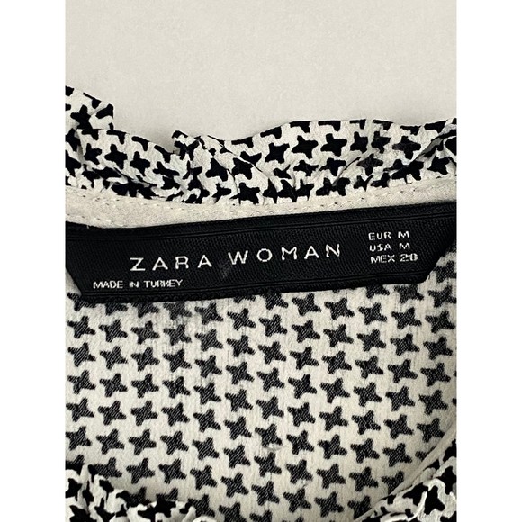 Zara Woman blouse Med black/white houndstooth long sleeve keyhole back top - Picture 7 of 12